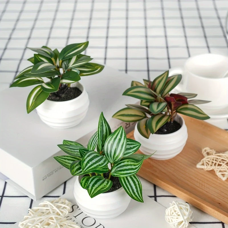 3pcs Valentine's Day Artificial Bonsai Plant Set, Lifelike Plastic Potted Greenery, Indoor Decor, No Electricity or Battery Needed