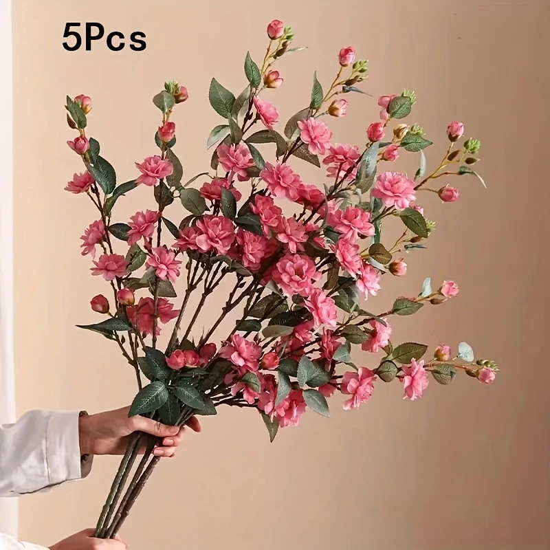 5pcs Silk Camellia Artificial Flowers, Faux Tea Blossom Branches for Wedding, Home Decor, and Seasonal Decorations