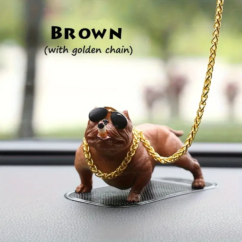 Cool Bulldog Boss Car Ornament with Golden Chain & Glasses - Stylish Resin Dog Figurine for Dashboard