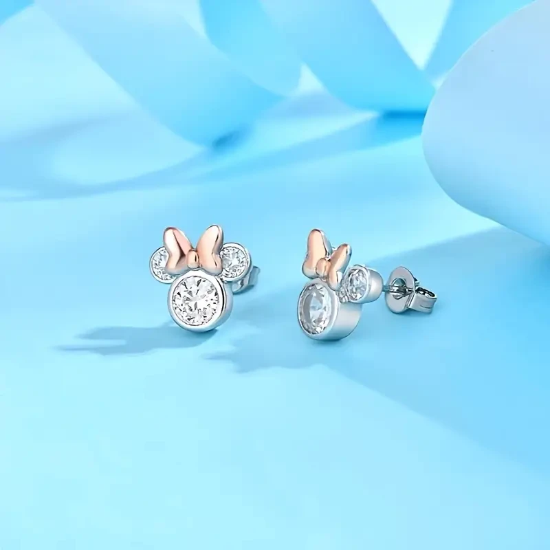 Mickey Mouse Earnail Necklace Women's Summer Luxury Rose Golden Two Piece Jewelry Set