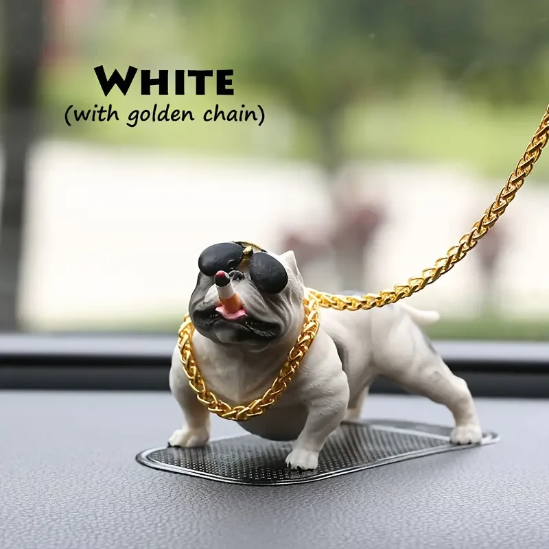 Cool Bulldog Boss Car Ornament with Golden Chain & Glasses - Stylish Resin Dog Figurine for Dashboard
