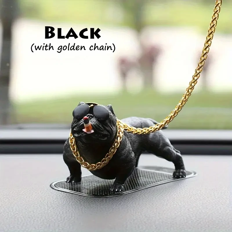 Cool Bulldog Boss Car Ornament with Golden Chain & Glasses - Stylish Resin Dog Figurine for Dashboard
