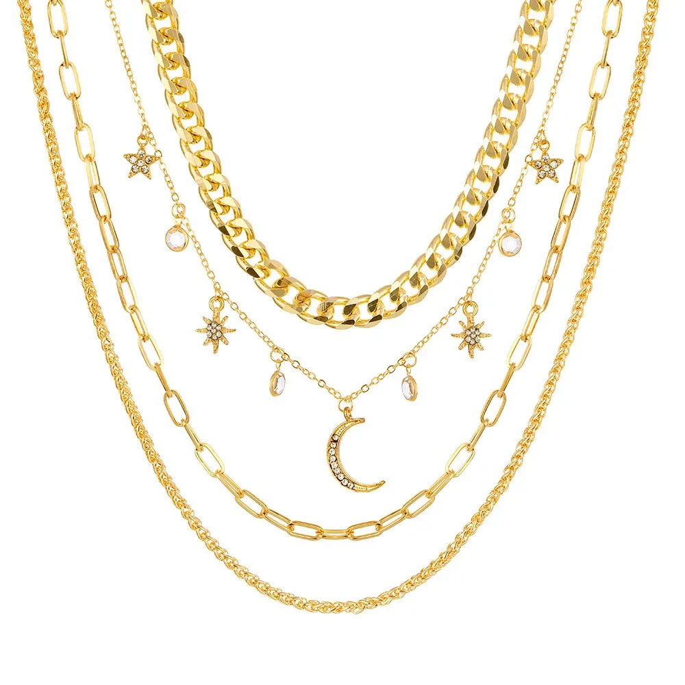 Korean Jewelry World Retro Moon Moon Star Crystal Multilayer Pendant Chain Necklace Cross-Border Exclusive Necklace