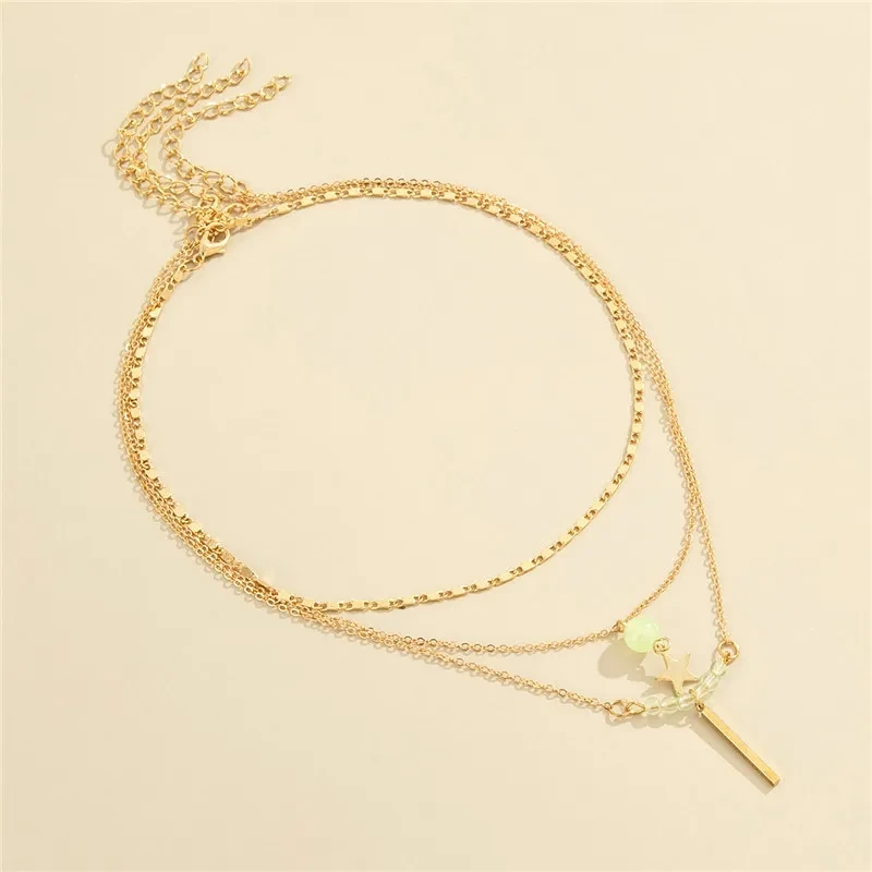 Multilayer Five-pointed Star Long Pendant Necklace Round Bead Chain Three-piece Set
