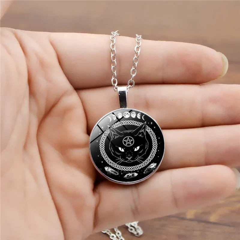 Fashion Black Cat Five-pointed Star Time Gem Cabochon Necklace