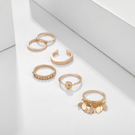 6-piece Ring Geometric Leaf Tassel Ring