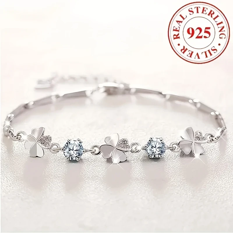 Elegant 925 Sterling Silver Clover Chain Bracelet with Synthetic Cubic Zirconia - Sexy Jewelry for Women, Perfect for Daily Wear and Gift-Giving