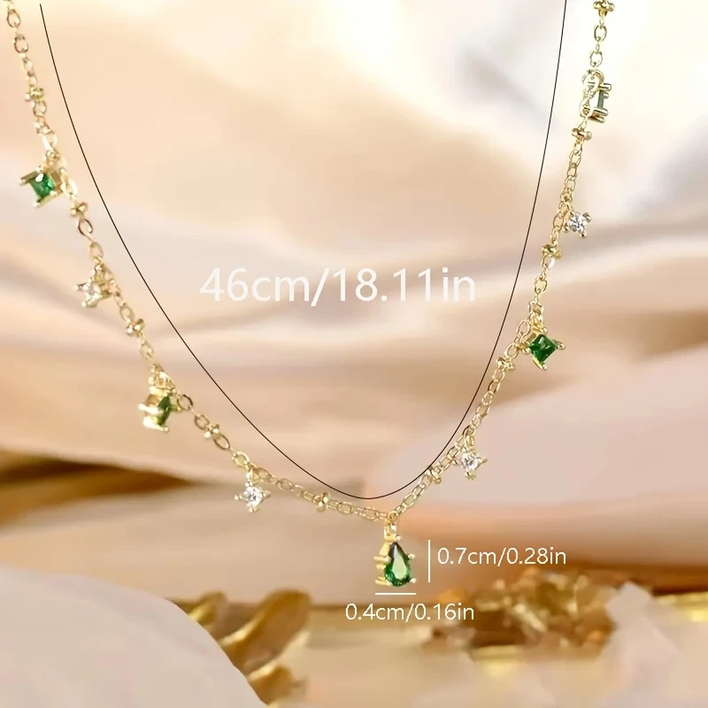 French Vintage Elegant Green Teardrop Synthetic Zirconia Pendant Necklace for Women - April Birthstone Jewelry, Golden-Tone Chain with Synthetic Gemstones
