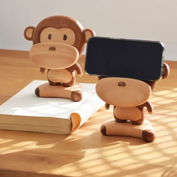 Solid Wood Creative Monkey Phone Holder Cute Cell Phone Stand Table Decorative Ornaments