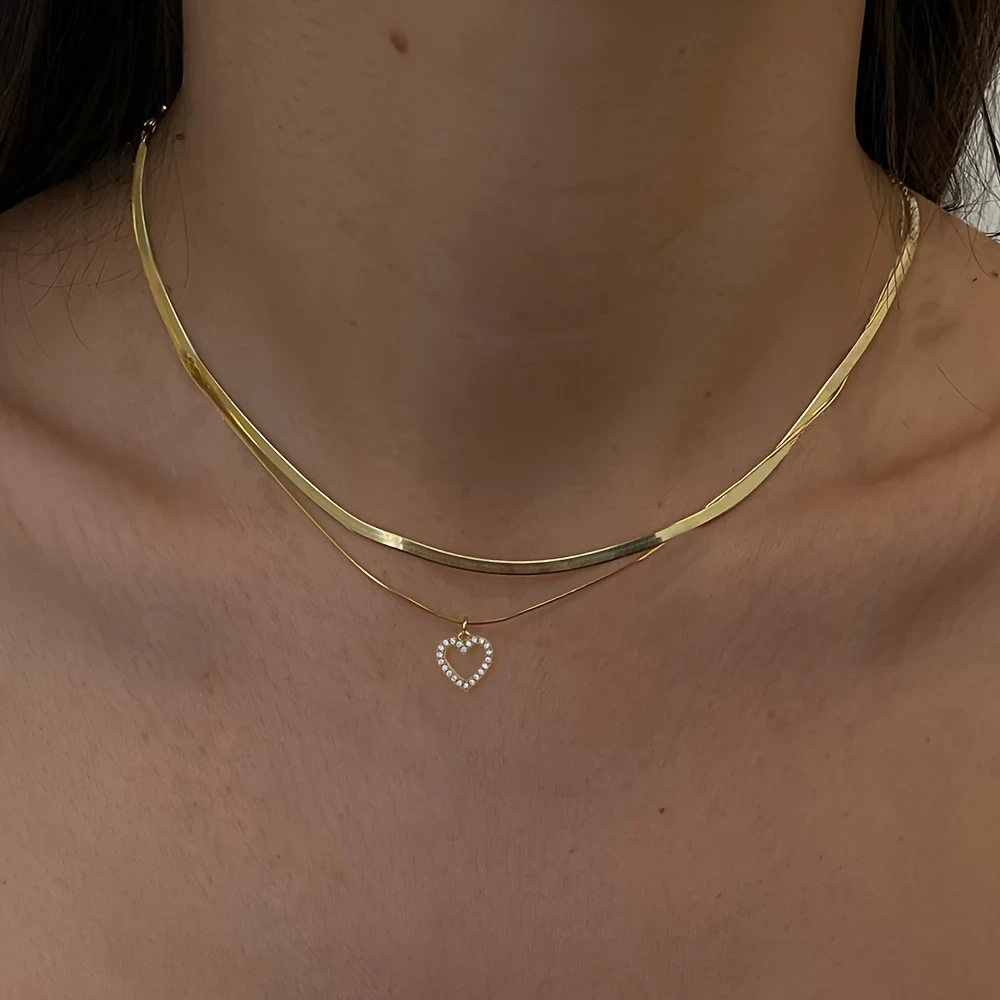 Nooxian 2-Piece Set Elegant Luxurious Heart Pendant Necklace, 18K Golden Plated, Synthetic Cubic Zirconia, 304 Stainless Steel, Perfect for Valentine's Day