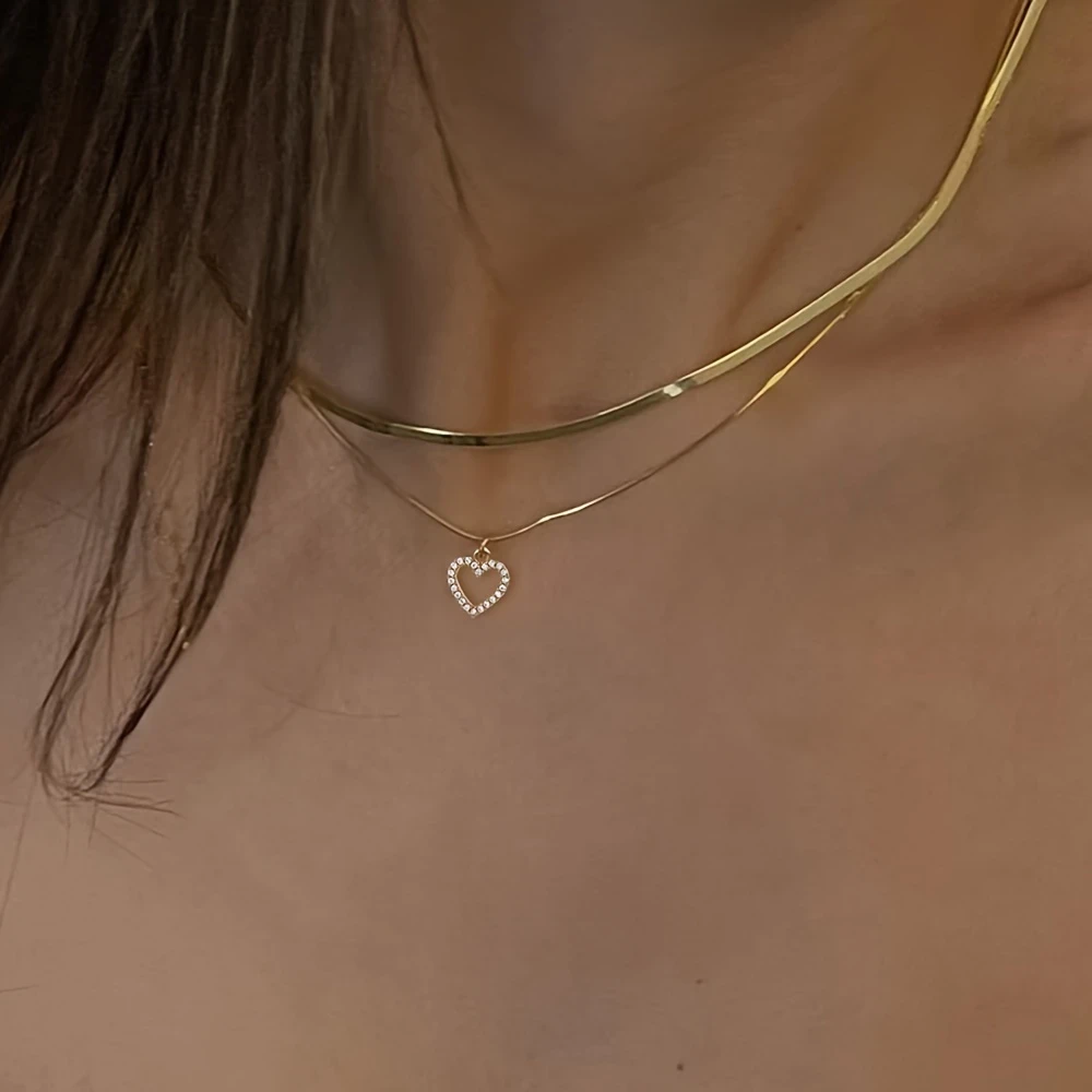 Nooxian 2-Piece Set Elegant Luxurious Heart Pendant Necklace, 18K Golden Plated, Synthetic Cubic Zirconia, 304 Stainless Steel, Perfect for Valentine's Day