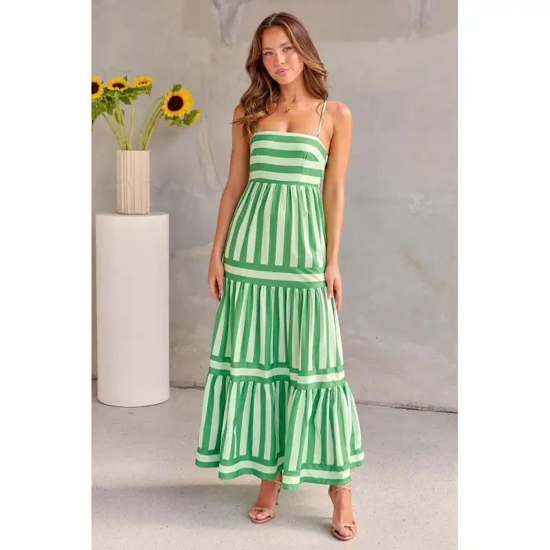 Summer Striped Printed Suspender Long Dress With Pockets Beach Vacation Women Clothing