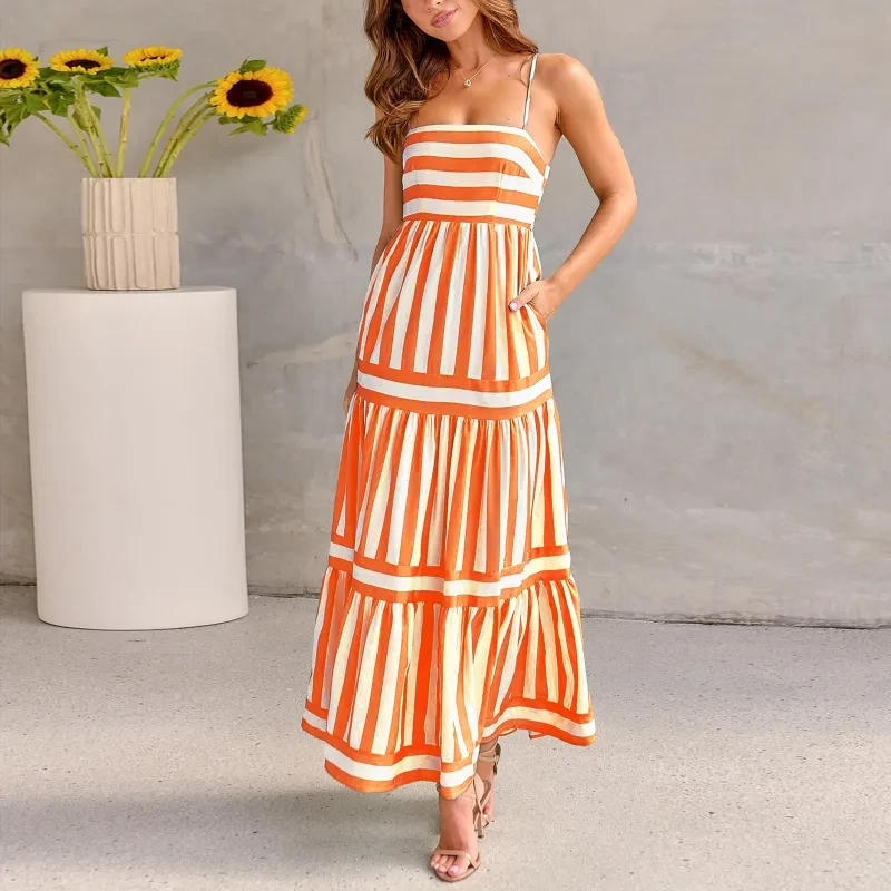 Summer Striped Printed Suspender Long Dress With Pockets Beach Vacation Women Clothing
