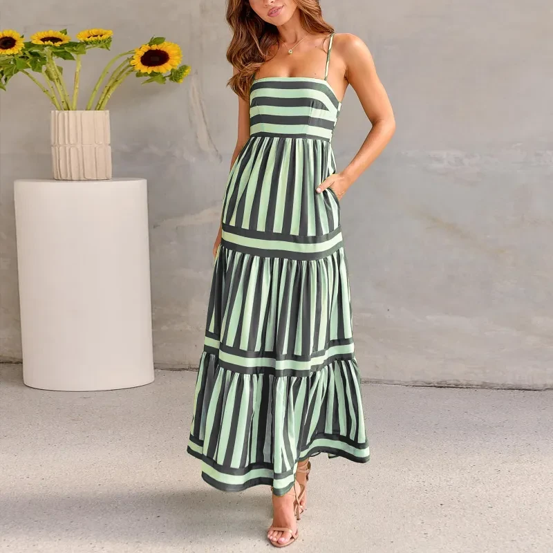 Summer Striped Printed Suspender Long Dress With Pockets Beach Vacation Women Clothing