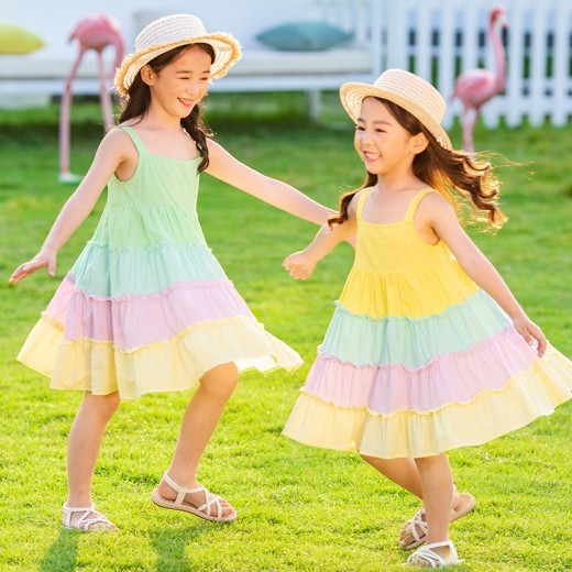 Girls' Rainbow Large Skirt Cotton Dress
