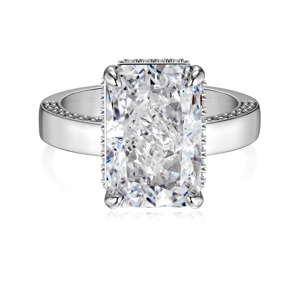 S925 Sterling Silver Rectangular Ice Flower Cut 8A Zirconium Ring with Side Inlaid Design