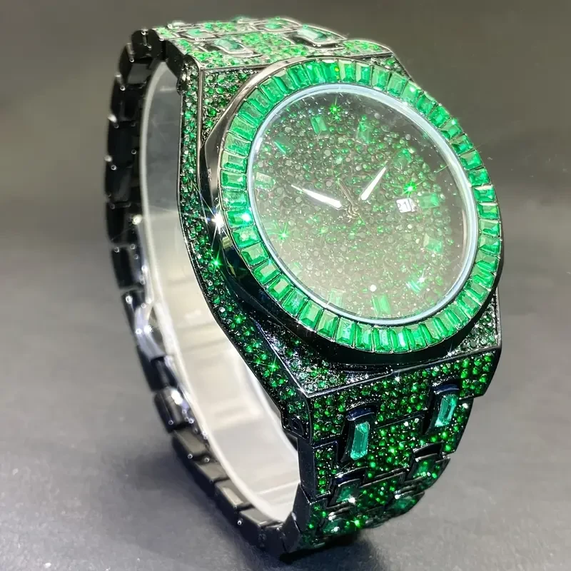 Unique Men's Square Watch - Vibrant Green Rhinestone Accents, Edgy Hip Hop Inspired Design