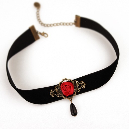 Red rose flower drop pearl short necklace