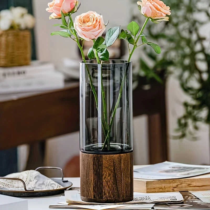 Elegant Modern Glass Vase with Wooden Base Cylindrical Clear Glass & Natural Wood Finish, Perfect for Living Room & Dining Table Decor, Ideal Gift for Friends and Family