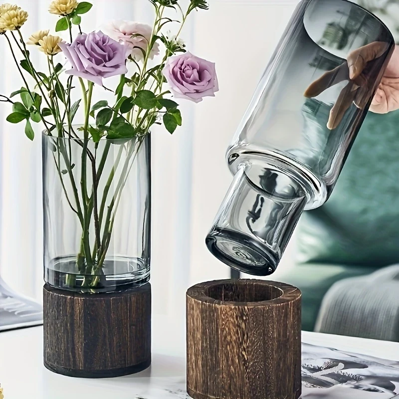 Elegant Modern Glass Vase with Wooden Base Cylindrical Clear Glass & Natural Wood Finish, Perfect for Living Room & Dining Table Decor, Ideal Gift for Friends and Family