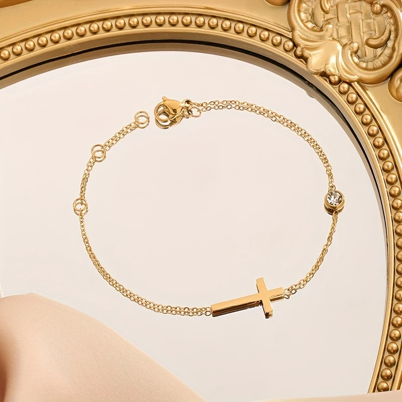 Simple Style Cross and Round Beads Stainless Steel Pendant Bracelet  Perfect for Young Ladies, Parties, and Gift for Friends