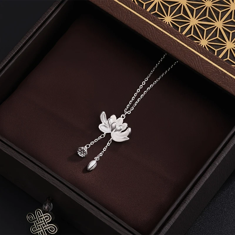 Vintage Elegant 925 Silver Lotus Pendant Necklace  18K Golden Plated, Luxury Wedding Jewelry Gift for Women, Girlfriend, Birthday, and Holidays