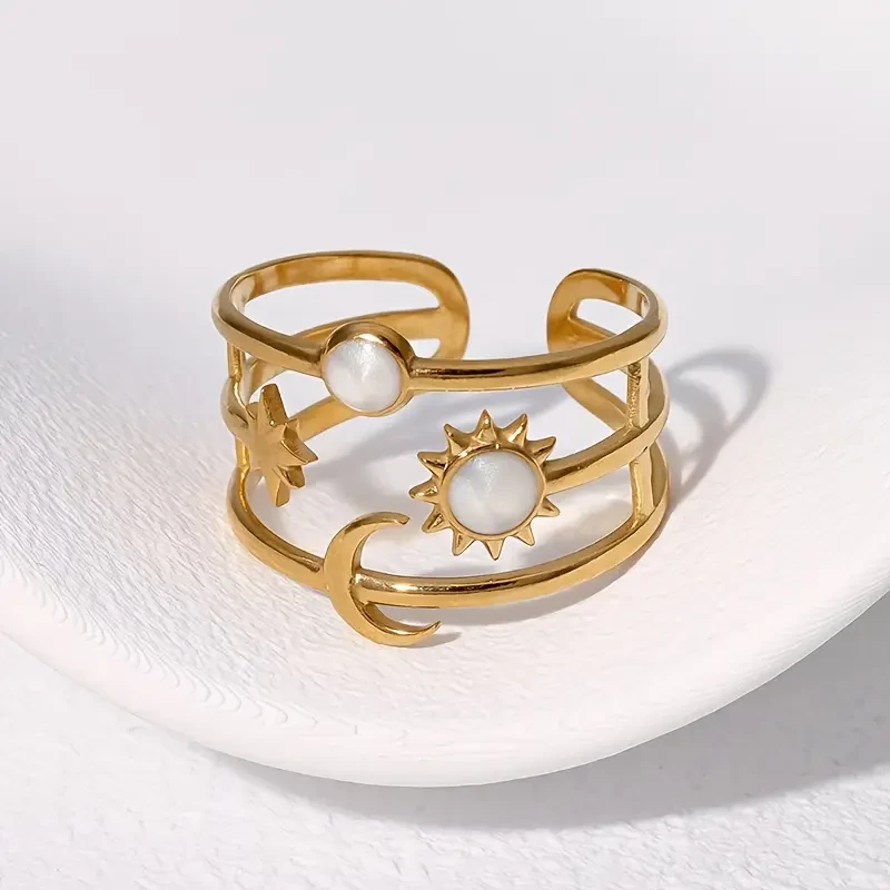 1pc Womens Adjustable Open Ring Minimalist Stainless Steel Bangle with Sun, Star & Moon Charms | Elegant, Durable Jewelry for Everyday & Formal Wear in NZ