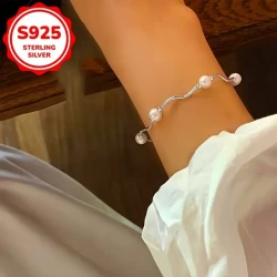 1pc Womens Elegant S925 Silver Faux Freshwater Pearl Bracelet  Hypoallergenic All-Season Jewelry for Daily Wear & Special Occasions