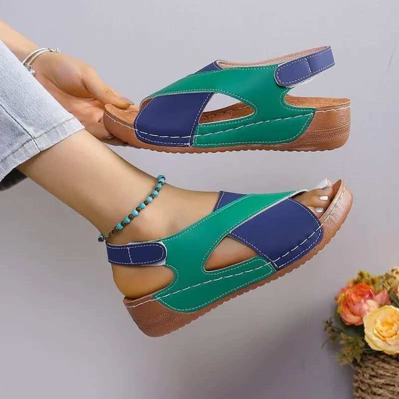 Summer Wedges Sandals With Colorblock Cross-strap Shoes For Women