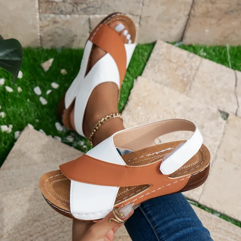 Summer Wedges Sandals With Colorblock Cross-strap Shoes For Women