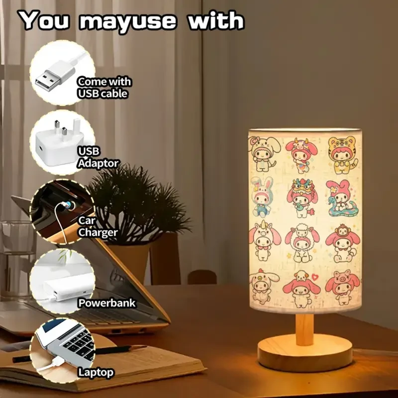Adorable Melody Table Lamp with Cute Character Prints  USB Powered, Adjustable Tri-Color Lighting, 274.32 cm Tall, Perfect for Bedroom & Living Room