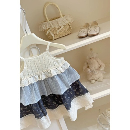Girls' Floral Sling Spliced Princess Dress