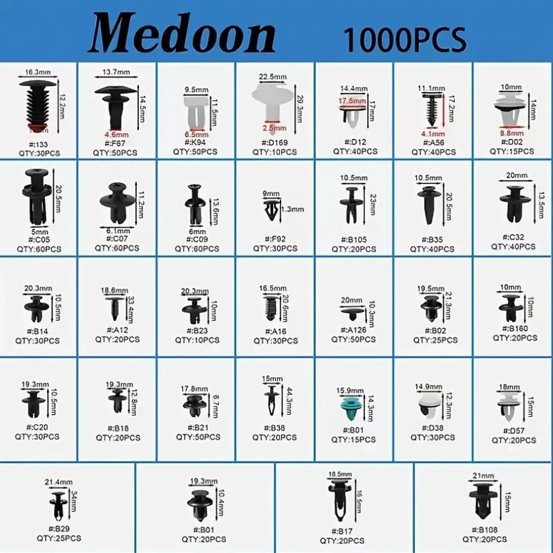 1000pcs Medoon Car Retainer Clips Assortment, PP Material