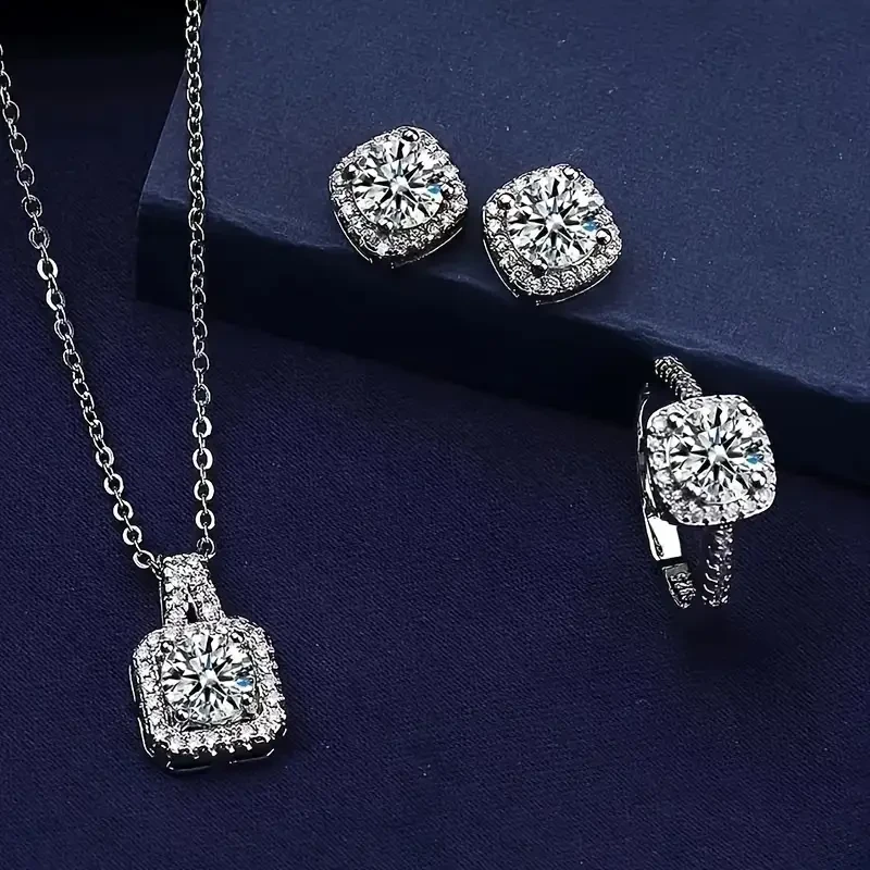 Cuboid Shiny Zirconia Inlaid Stud Earrings & Pendant Necklace & Ring Elegant Luxury Style