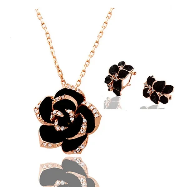 Beautiful Black Rose Camellia Earrings And Necklace Two Piece Set