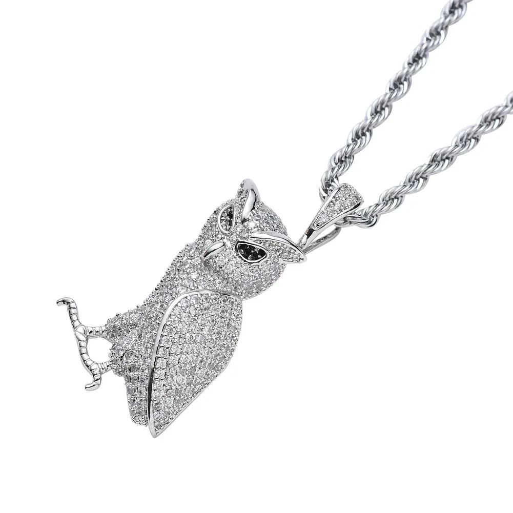 Copper Inlaid Zircon Owl Pendant Necklace