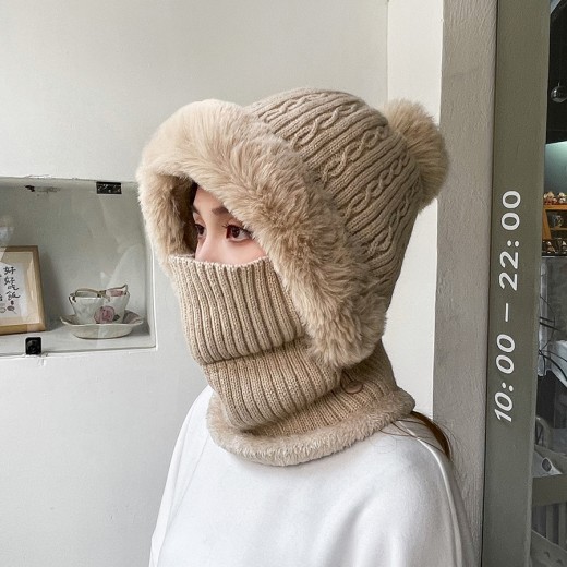 Twist Stripes Knitted Hat Scarf One-piece Fleece-lined Kit
