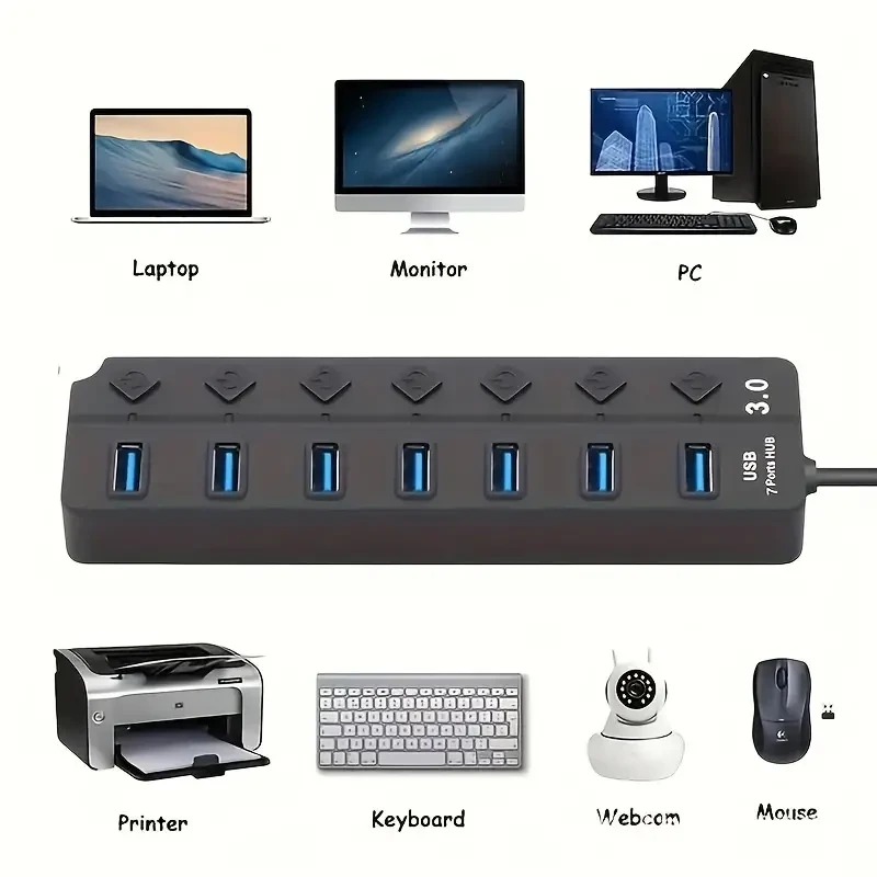 High-Speed 7-Port USB 3.0 Data Hub Splitter