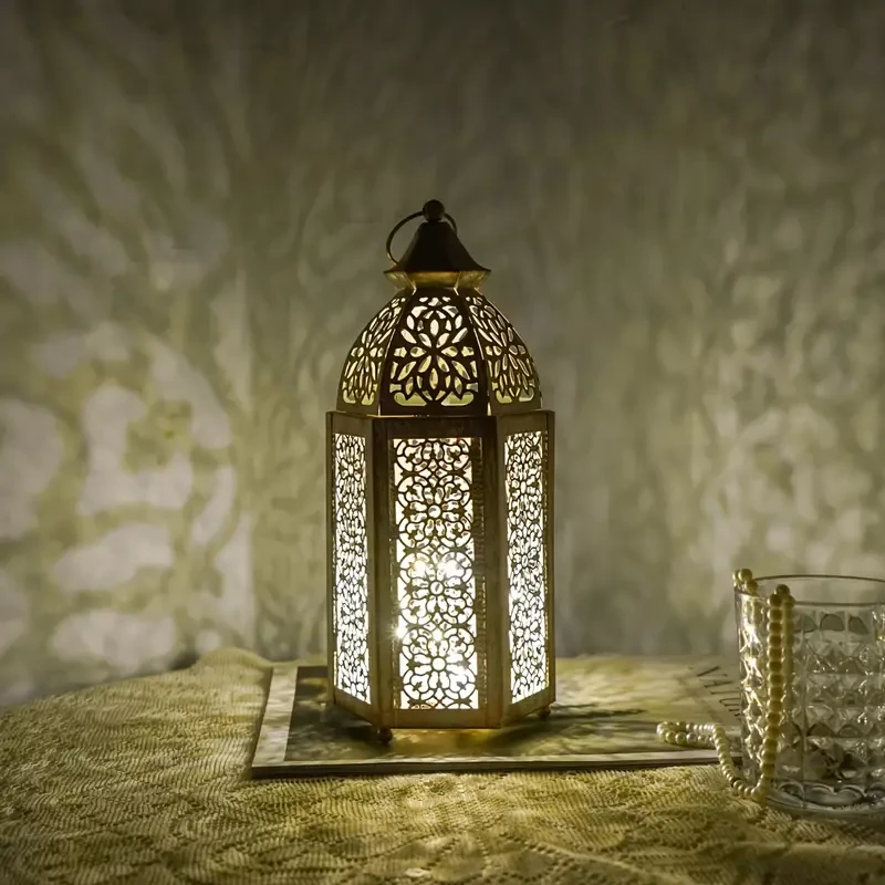 1pc Art Deco Metal Lantern - Moroccan Hollow Iron Craft Home Decor, Battery Operated, Festive Atmosphere Decorative Lamp, for Christmas, Halloween, Valentine's Day, Ramadan, Eid Al-Fitr, Universal Celebrations (AAA Batteries Not Included)