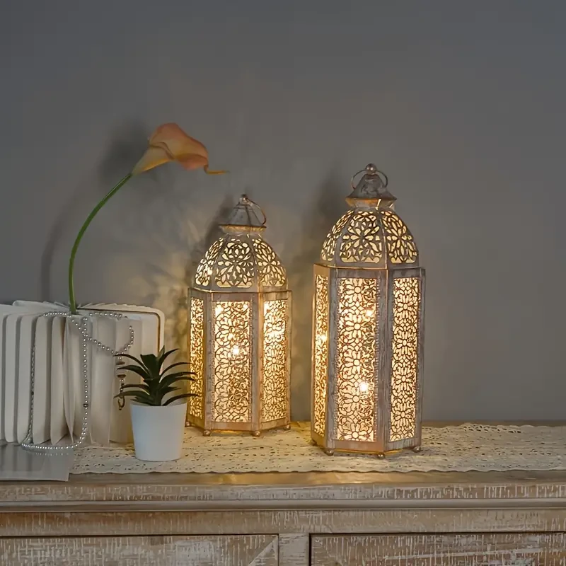 1pc Art Deco Metal Lantern - Moroccan Hollow Iron Craft Home Decor, Battery Operated, Festive Atmosphere Decorative Lamp, for Christmas, Halloween, Valentine's Day, Ramadan, Eid Al-Fitr, Universal Celebrations (AAA Batteries Not Included)