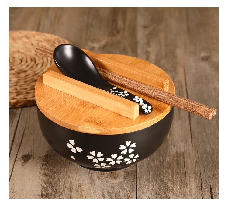Ceramic Noodle Rice Bowl with Cover Japanese Style Soup Bowl Dinnerware
