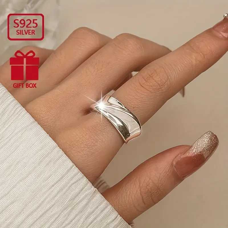 925 Pure Silver Simple Glossy Irregular Pattern Open Ring - Creative Finger Ring Ornament