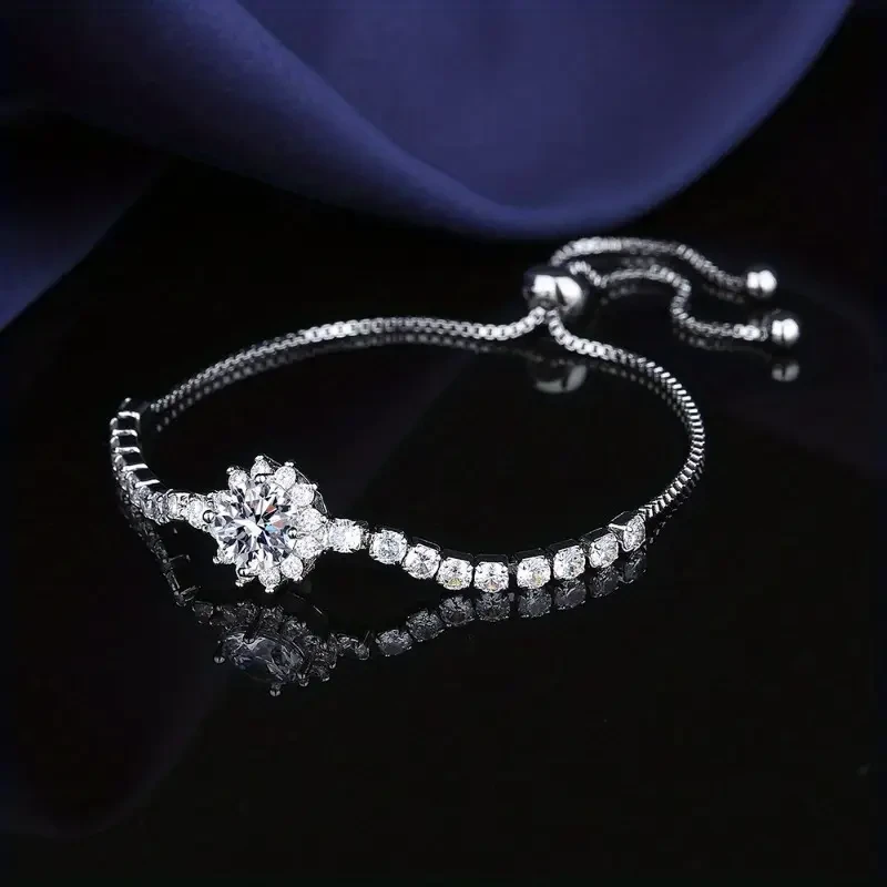 Elegant Moissanite Sunflower Adjustable Bracelet Luxury Silver-Plated with 2 Carat Center Stone & Moissanite Accents, Ideal for Halloween & Daily Wear