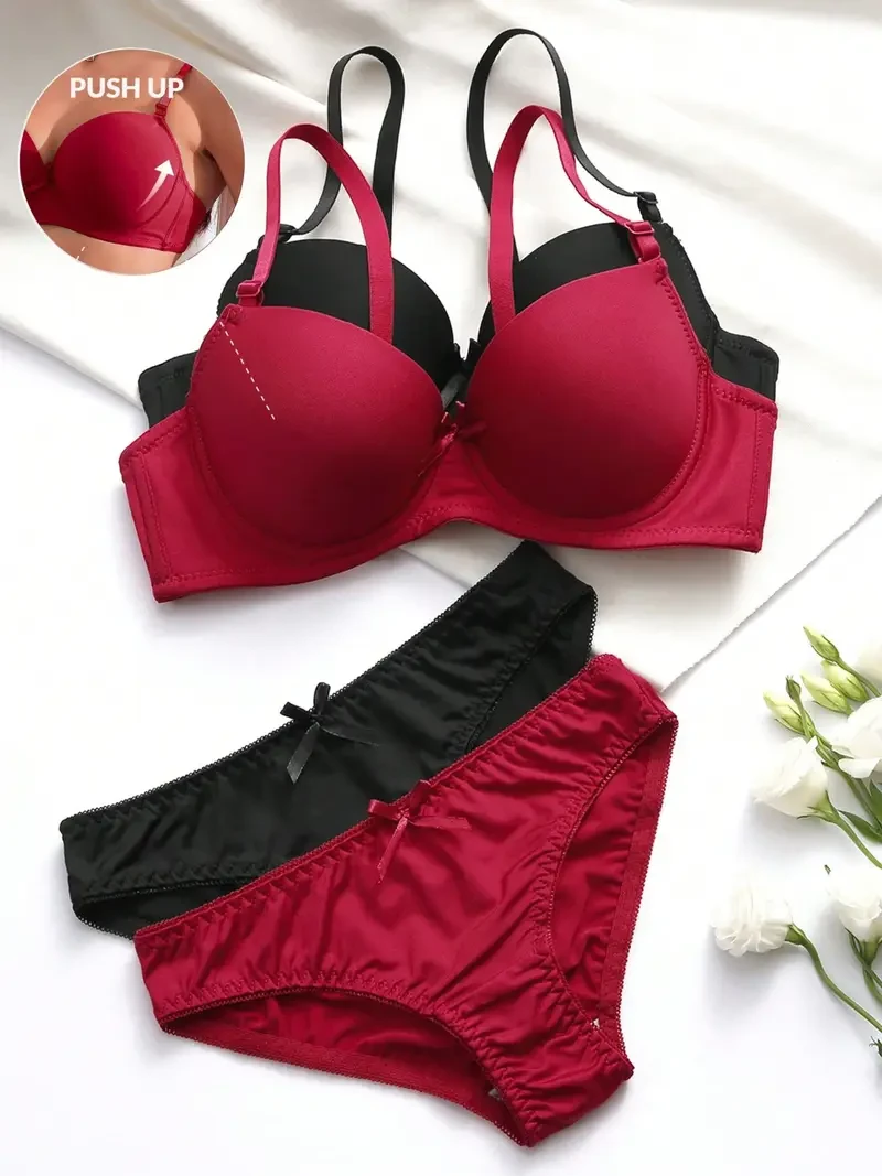 2pcs Set of Plain Color Glossy Comfortable Gathering Steel Ring Bra and Lingerie Set | Elegant Underwear for Women