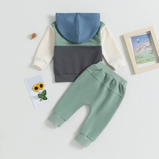 Color Contrast Patchwork Pocket Hooded Sweater Children Fashion Casual Set