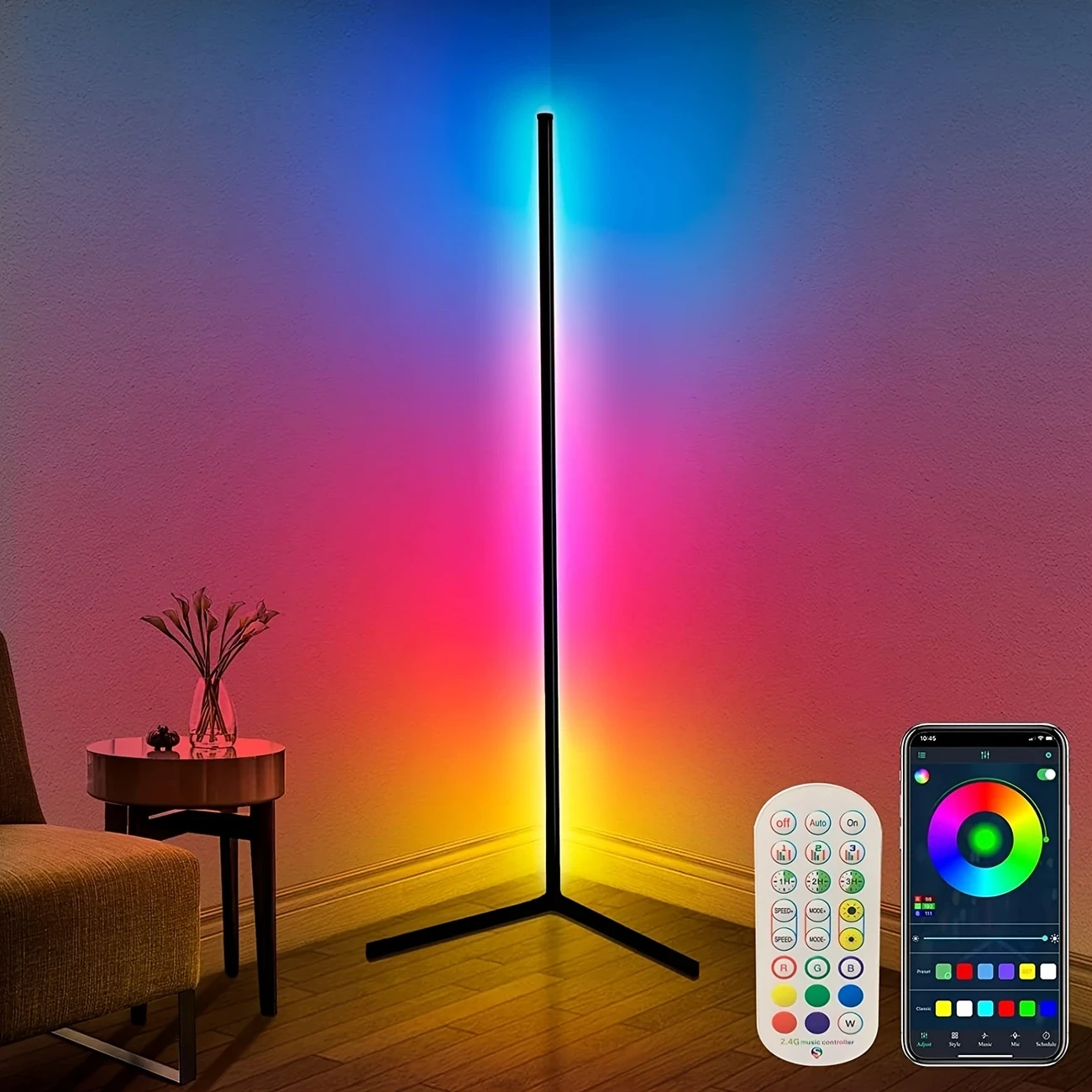 ONGLIN 165cm RGB LED Floor Lamp  Dimmable Color Changing Mood Lighting with App/Remote Control, Music Sync & Adjustable Height, USB Powered, Black