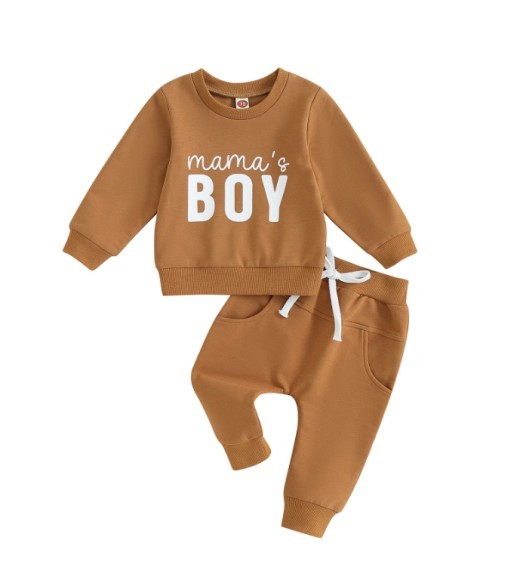 Solid Color Boy Letter Printed Round Neck Long Sleeve Trousers Suit