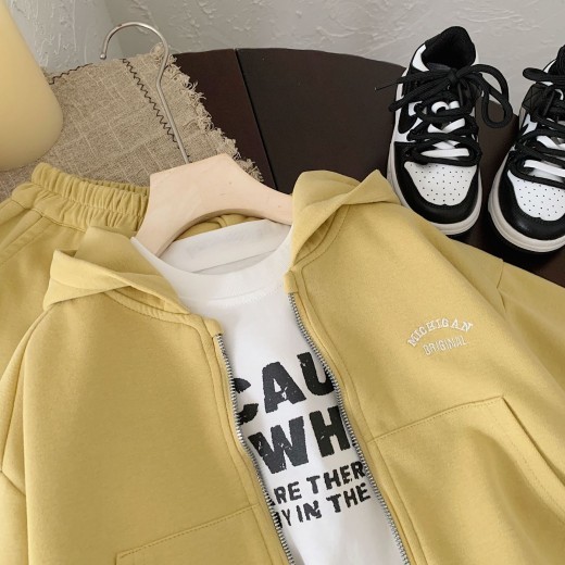 Girls' Solid Color Two-piece Letter Embroidered Jacket Casual Trousers