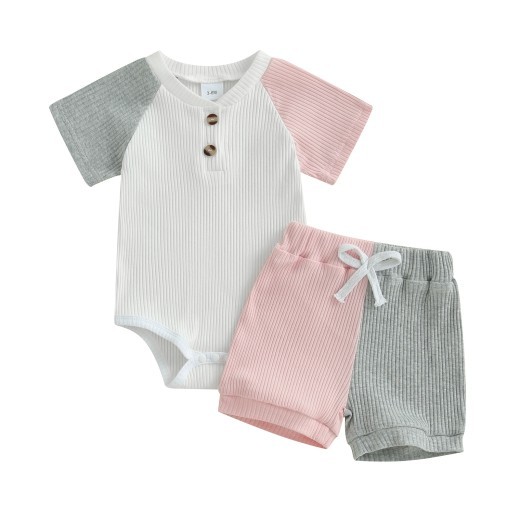 Solid Color Rib Fabric Color Matching Short Sleeve Suit