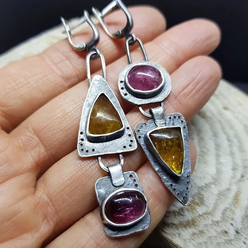 Hecheng Retro Geometric Triangle Metal Pendant Earrings Purple Orange Asymmetric Earrings Women's Retro Jewelry Gift Cross